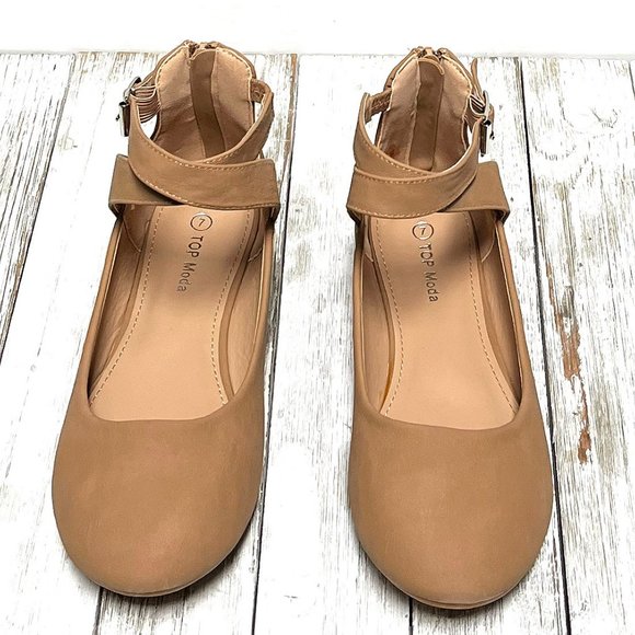 New Camel Tan Criss Cross Mary Jane Ballet Flats - Picture 3 of 4